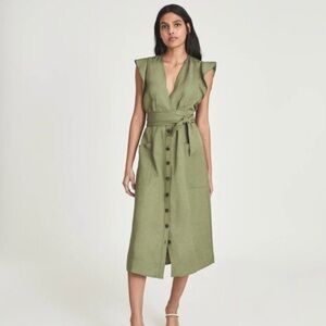 Reiss Emma Tie Waist Flutter Sleeve Midi Khaki Shirtdress